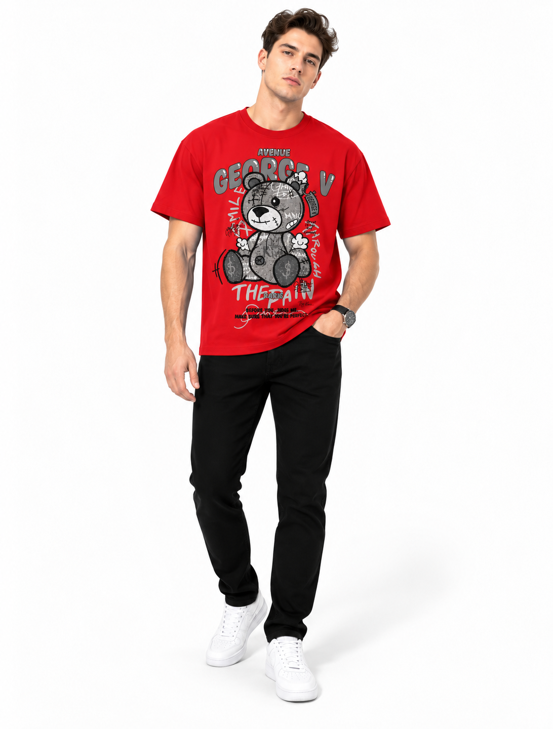 Man wearing Avenue George V Paris The Pain Bear T-Shirt in Red – men's graphic tee at Turning Point, Baltimore
