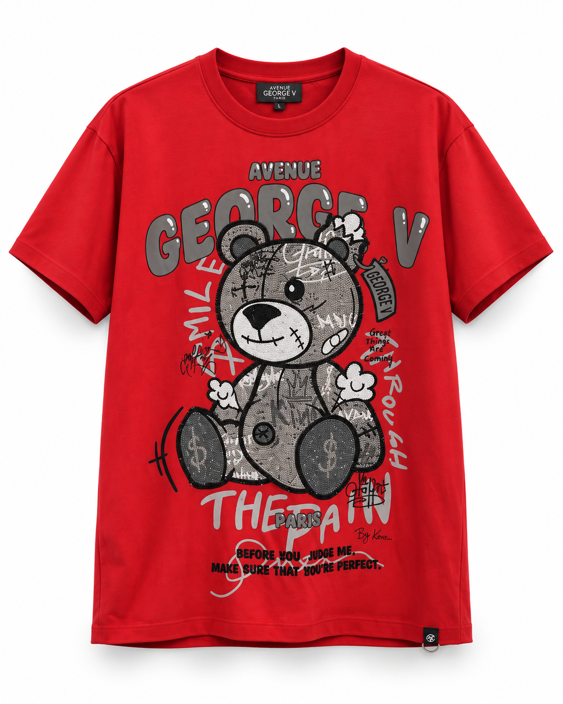 Avenue George V Paris The Pain Bear T-Shirt in Red, front flat product photo