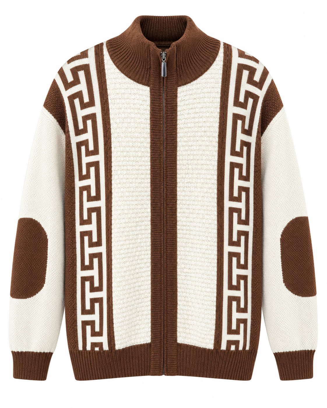 Inserch Men's Greek Key Full Zip Sweater in Cream / Brown – men's Inserch sweater at Turning Point, Baltimore