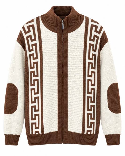 Inserch Men's Greek Key Full Zip Sweater in Cream / Brown – men's Inserch sweater at Turning Point, Baltimore