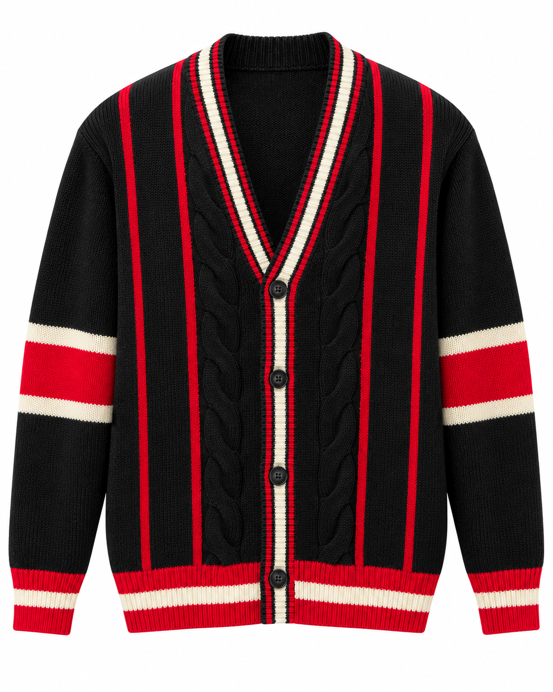 Inserch Men's Varsity Stripe Cardigan in Black / Red – men's Inserch sweater at Turning Point, Baltimore