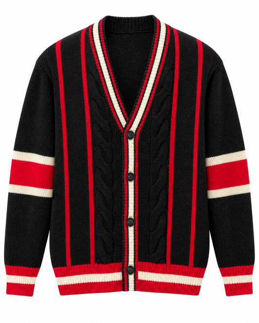 Inserch Men's Varsity Stripe Cardigan in Black / Red – men's Inserch sweater at Turning Point, Baltimore