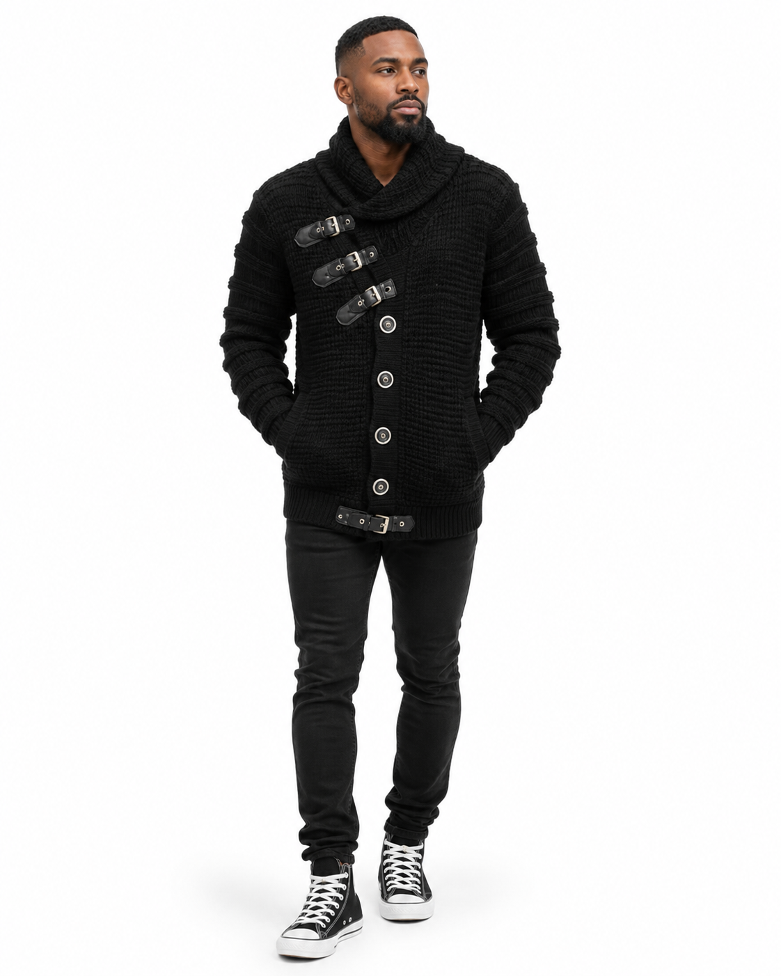 Man wearing the LCR Black Edition Buckle Strap Shawl Collar Cardigan Sweater in Black – men's LCR cardigan at Turning Point, Baltimore