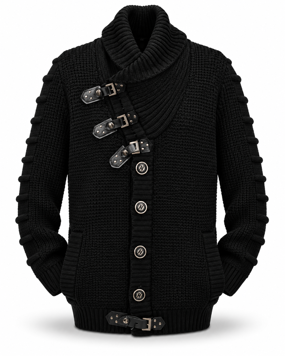 LCR Black Edition Buckle Strap Shawl Collar Cardigan Sweater in Black, front flat product photo