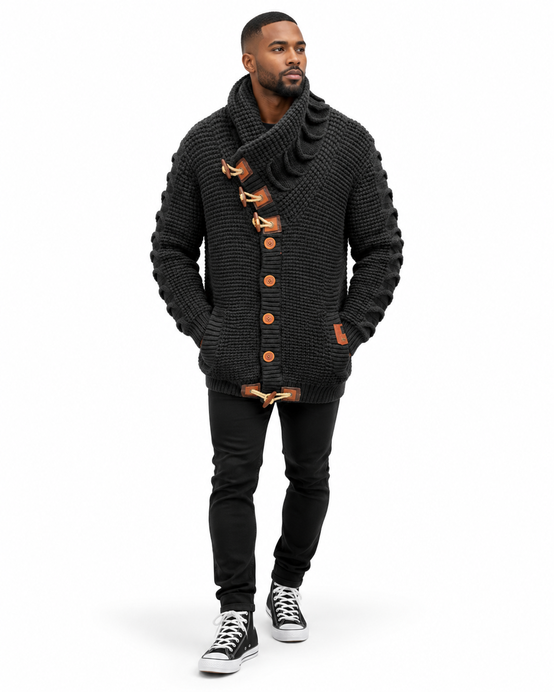 Man wearing the LCR Black Edition Chunky Toggle Cardigan Sweater in Black – men's LCR cardigan at Turning Point, Baltimore