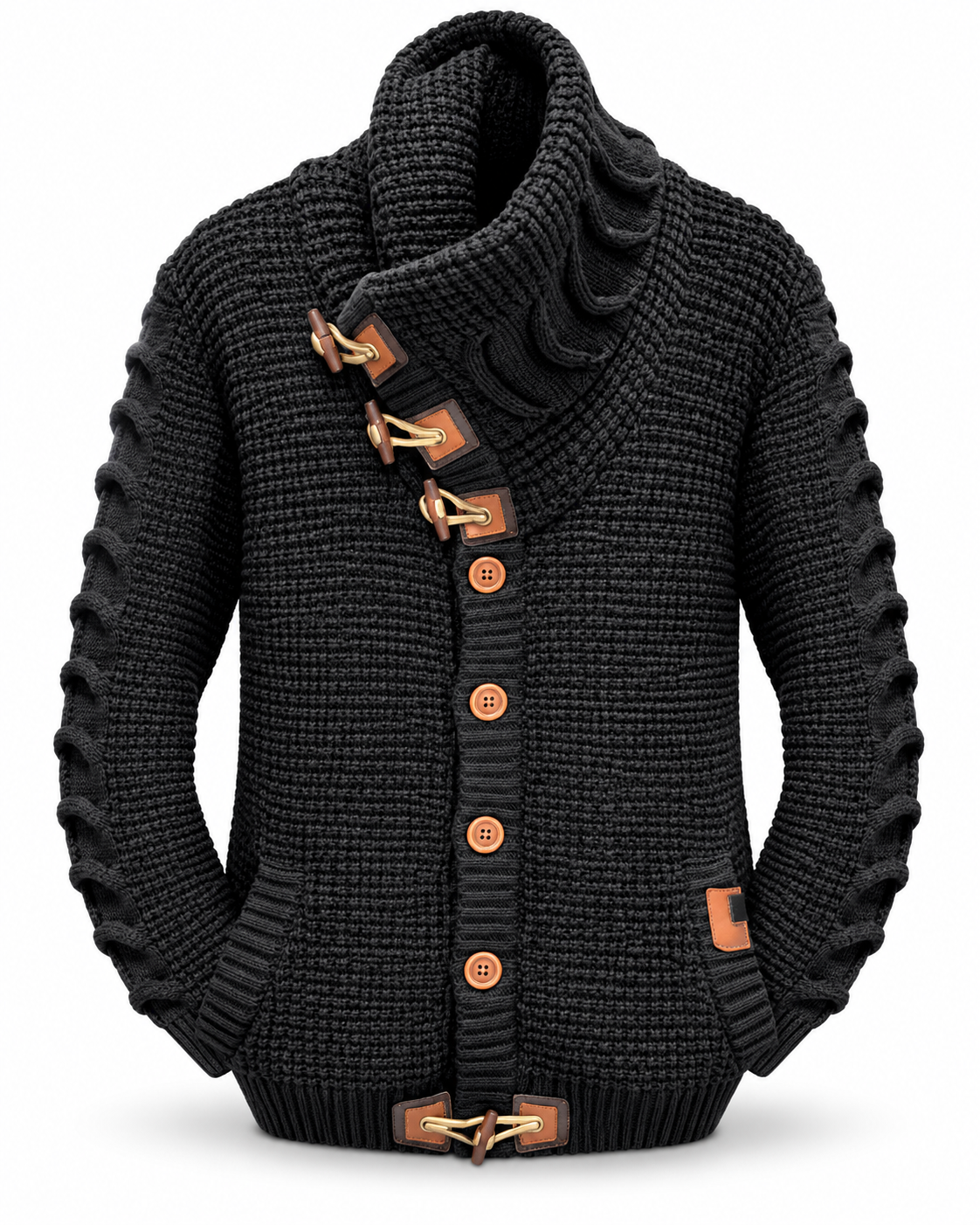 LCR Black Edition Chunky Toggle Cardigan Sweater in Black, front flat product photo