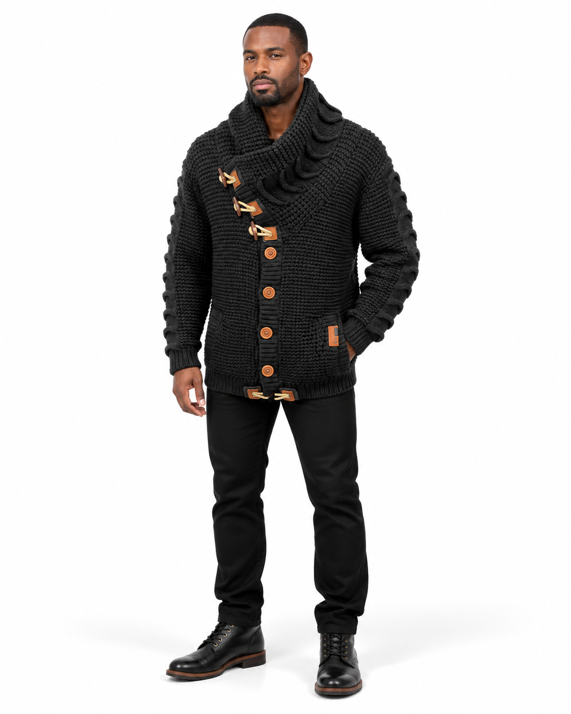LCR Black Edition Chunky Toggle Cardigan Sweater in Black, styled on model