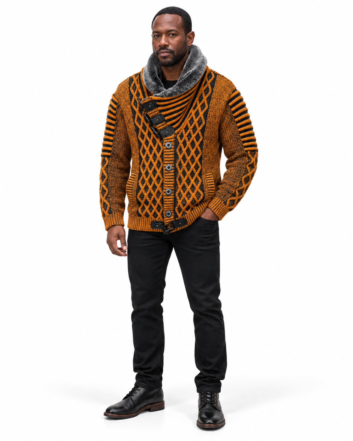 Man wearing the LCR Black Edition Faux Fur Collar Cable Knit Cardigan Sweater in Cinnamon / Navy – men's LCR cardigan at Turning Point, Baltimore