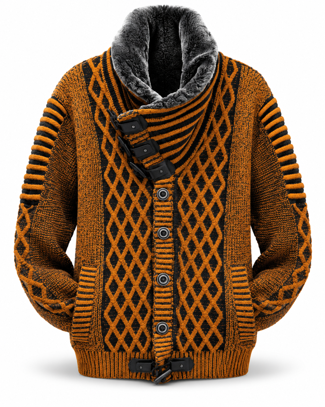 LCR Black Edition Faux Fur Collar Cable Knit Cardigan Sweater in Cinnamon / Navy, front flat product photo