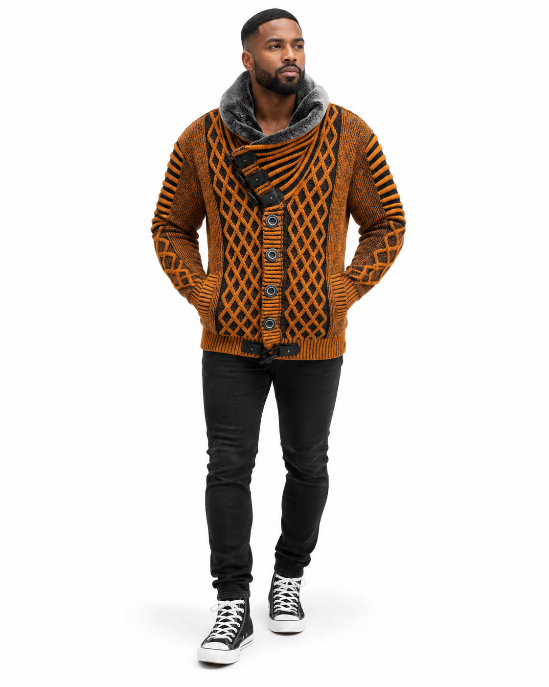 LCR Black Edition Faux Fur Collar Cable Knit Cardigan Sweater in Cinnamon / Navy, styled on model