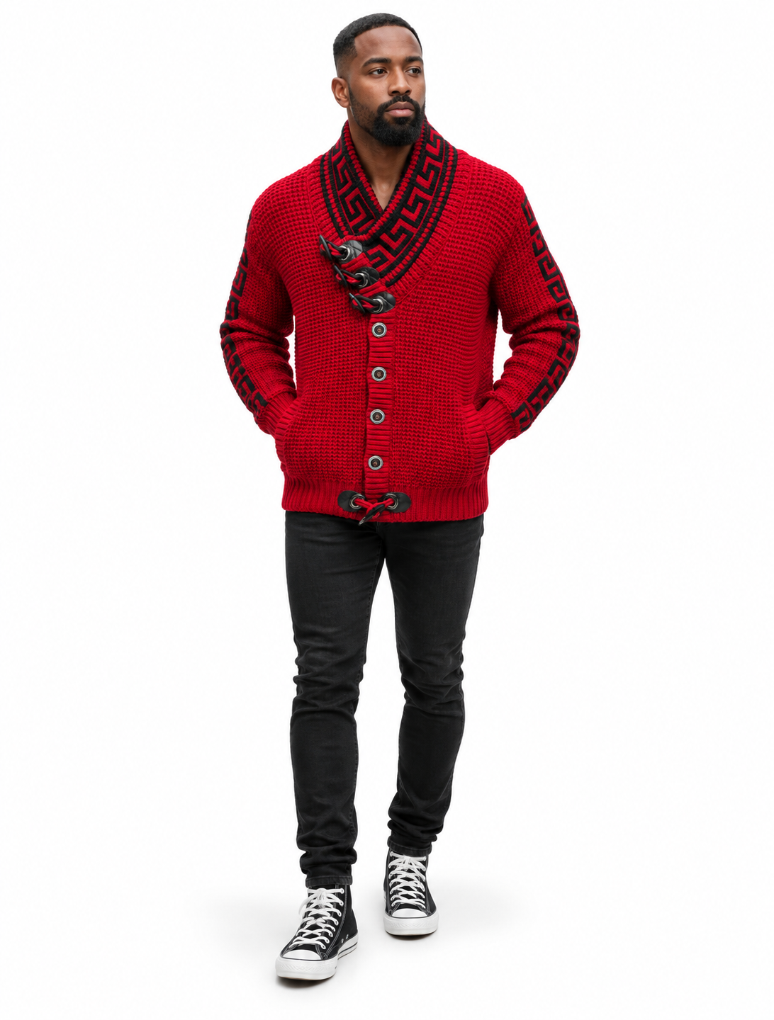 Man wearing the LCR Black Edition Greek Key Shawl Collar Cardigan Sweater in Red / Black – men's LCR cardigan at Turning Point, Baltimore