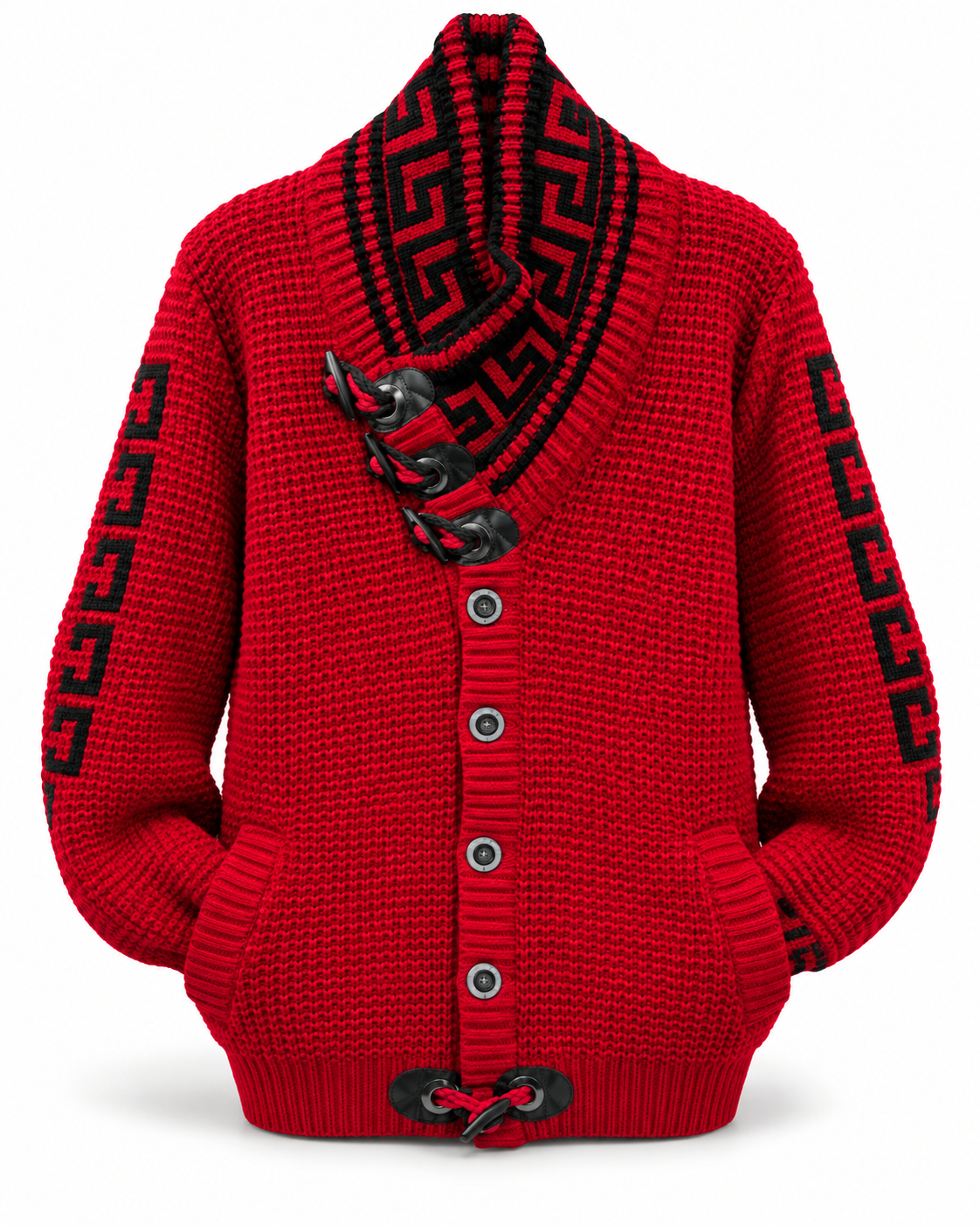LCR Black Edition Greek Key Shawl Collar Cardigan Sweater in Red / Black, front flat product photo