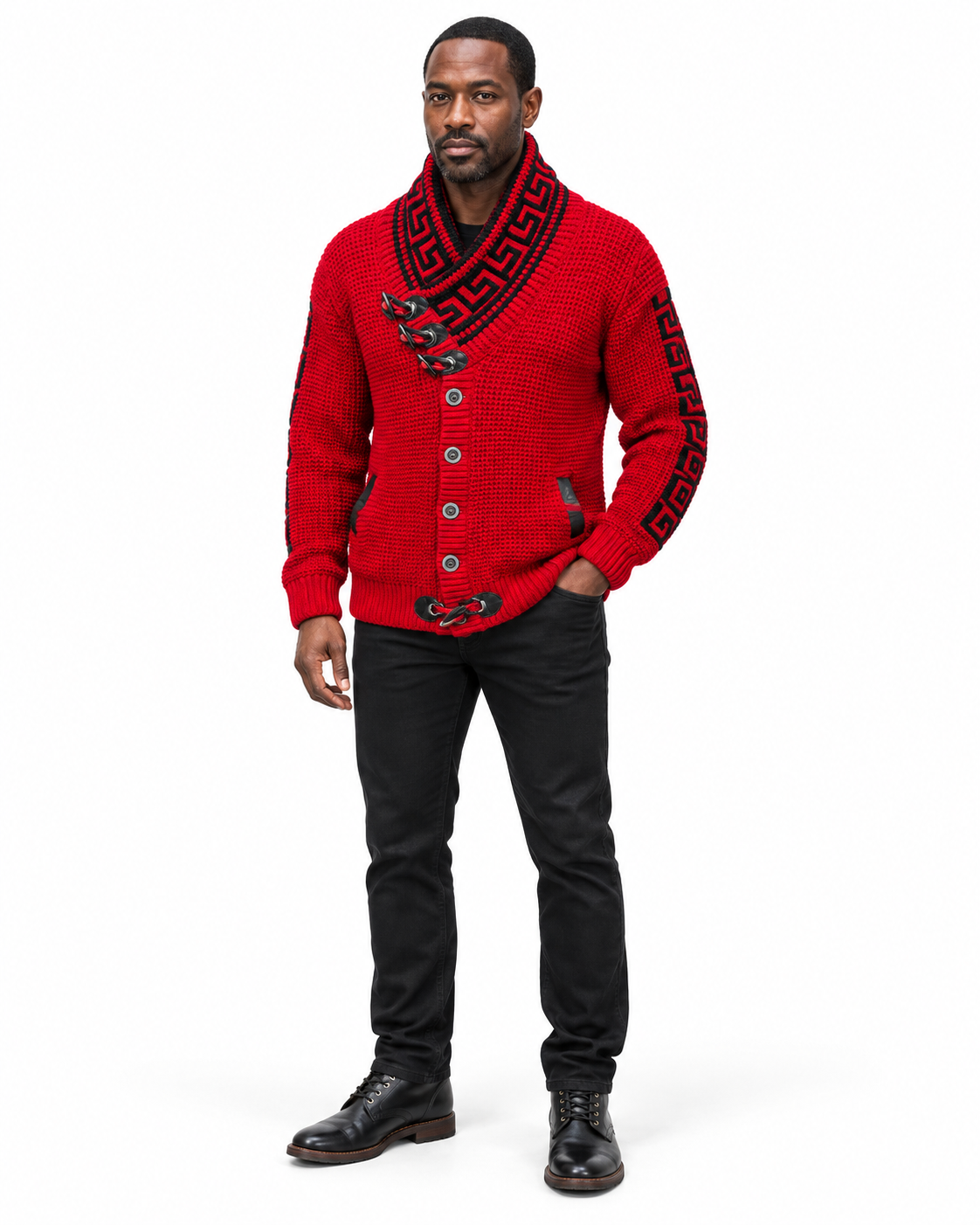 LCR Black Edition Greek Key Shawl Collar Cardigan Sweater in Red / Black, styled on model