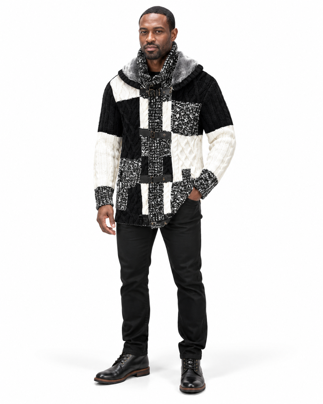 Man wearing the LCR Black Edition Hooded Cable Knit Cardigan Sweater in Black / Ecru – men's LCR cardigan at Turning Point, Baltimore