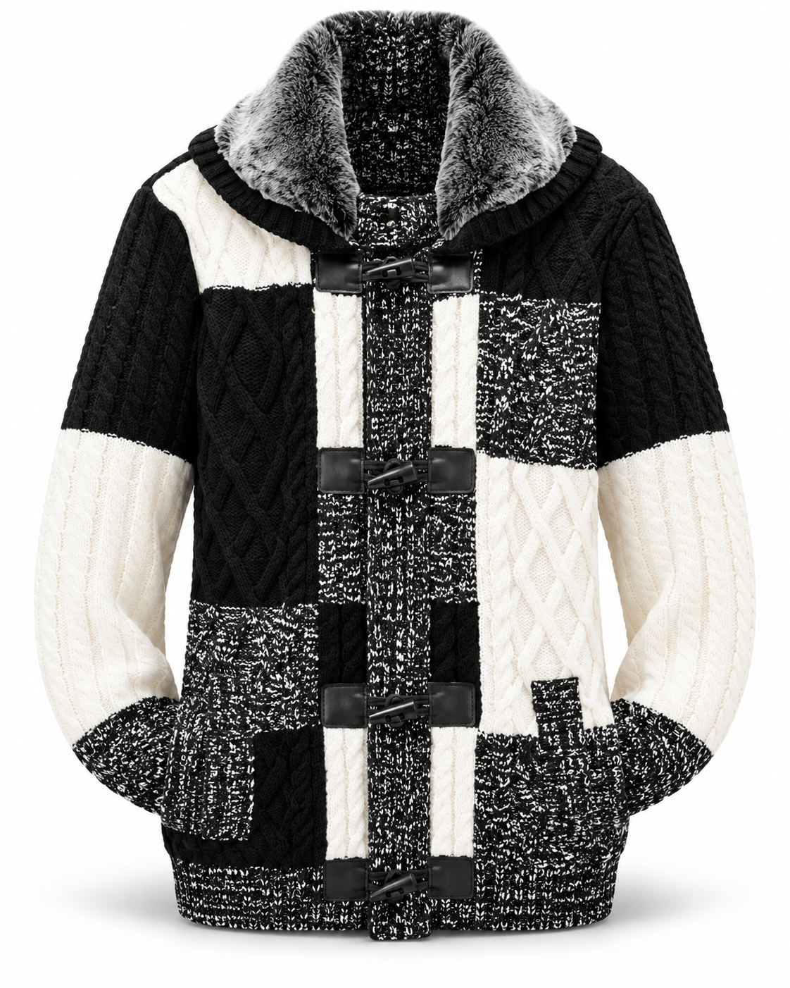 LCR Black Edition Hooded Cable Knit Cardigan Sweater in Black / Ecru, front flat product photo
