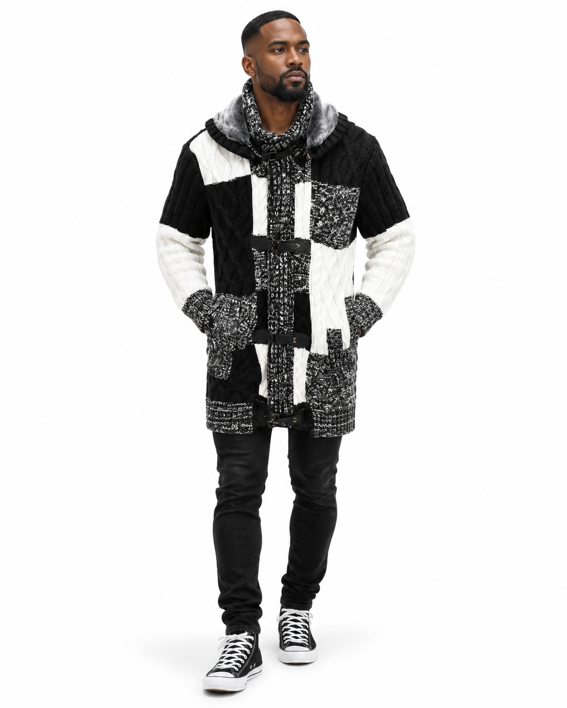 LCR Black Edition Hooded Cable Knit Cardigan Sweater in Black / Ecru, styled on model