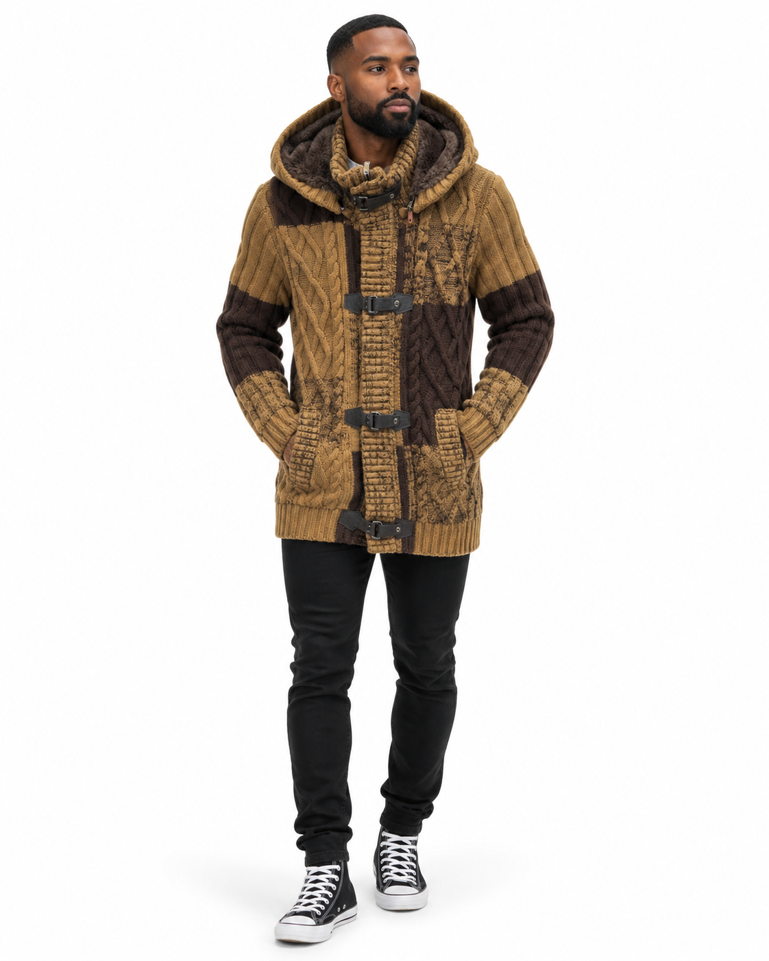 Man wearing the LCR Black Edition Hooded Cable Knit Cardigan Sweater in Camel / Brown – men's LCR cardigan at Turning Point, Baltimore