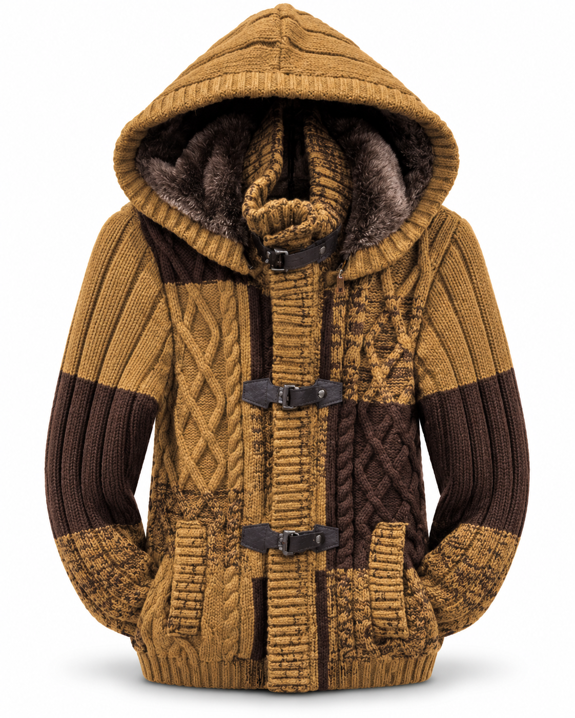 LCR Black Edition Hooded Cable Knit Cardigan Sweater in Camel / Brown, front flat product photo