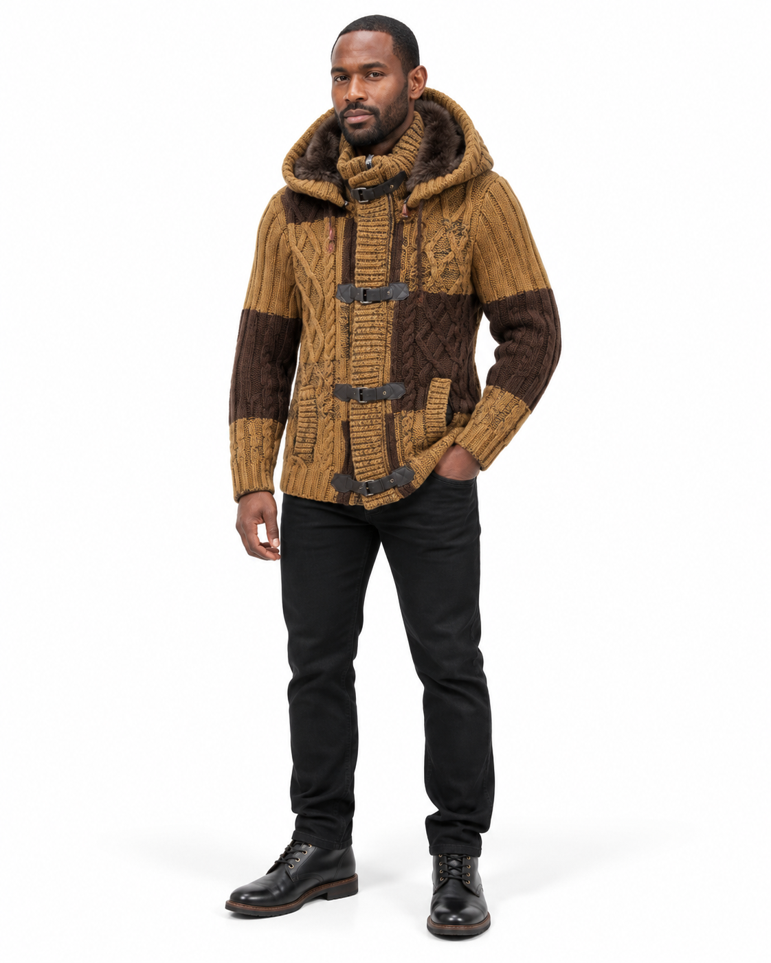 LCR Black Edition Hooded Cable Knit Cardigan Sweater in Camel / Brown, styled on model