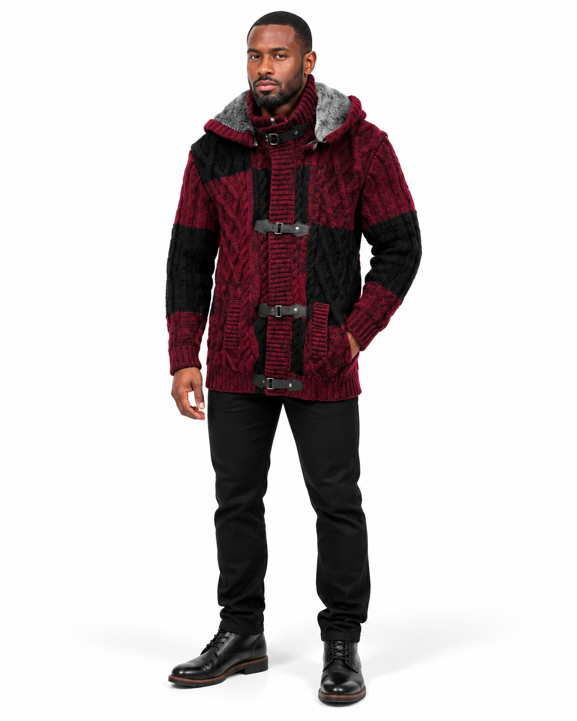 Man wearing the LCR Black Edition Hooded Cable Knit Cardigan Sweater in Burgundy / Black – men's LCR cardigan at Turning Point, Baltimore