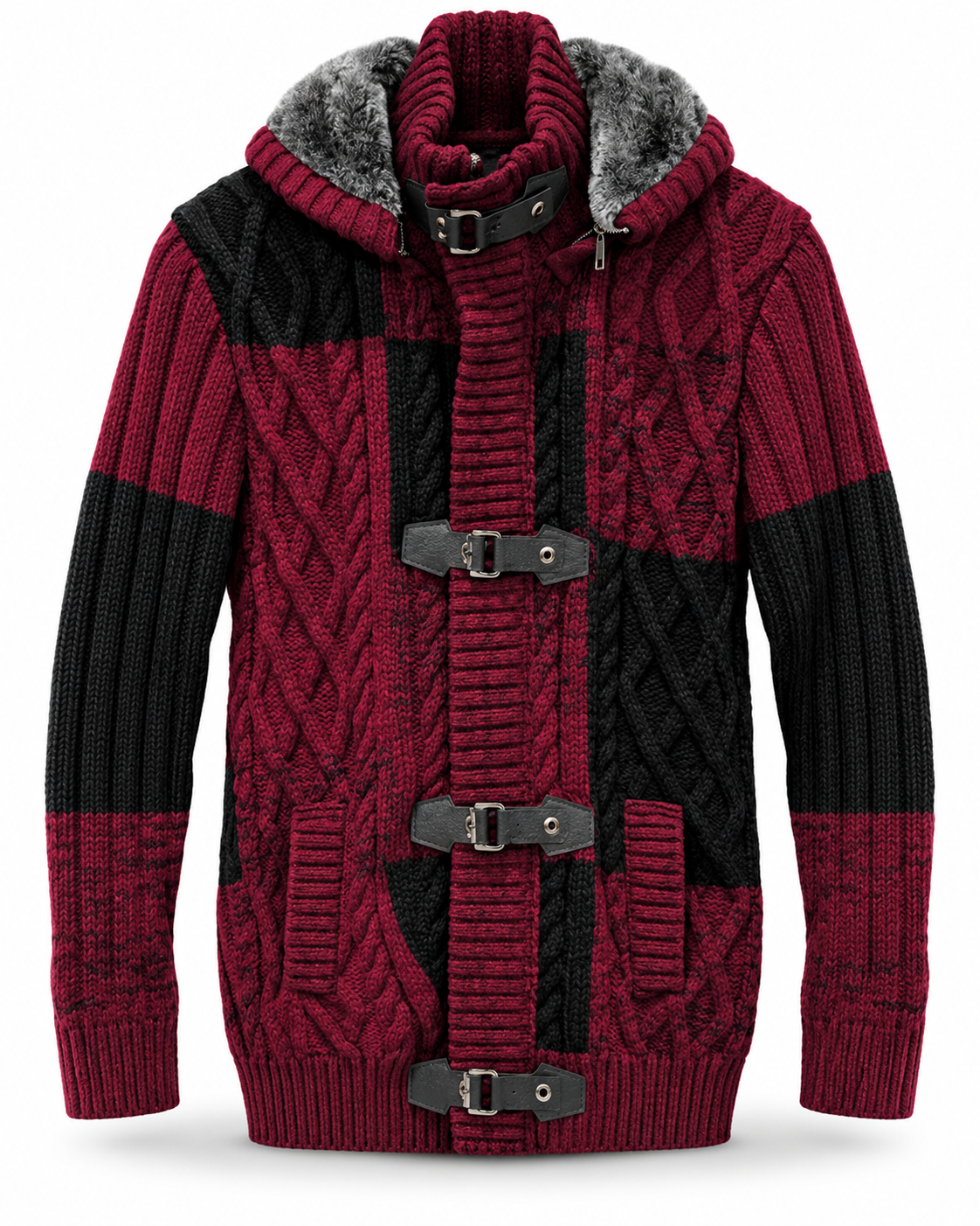 LCR Black Edition Hooded Cable Knit Cardigan Sweater in Burgundy / Black, front flat product photo