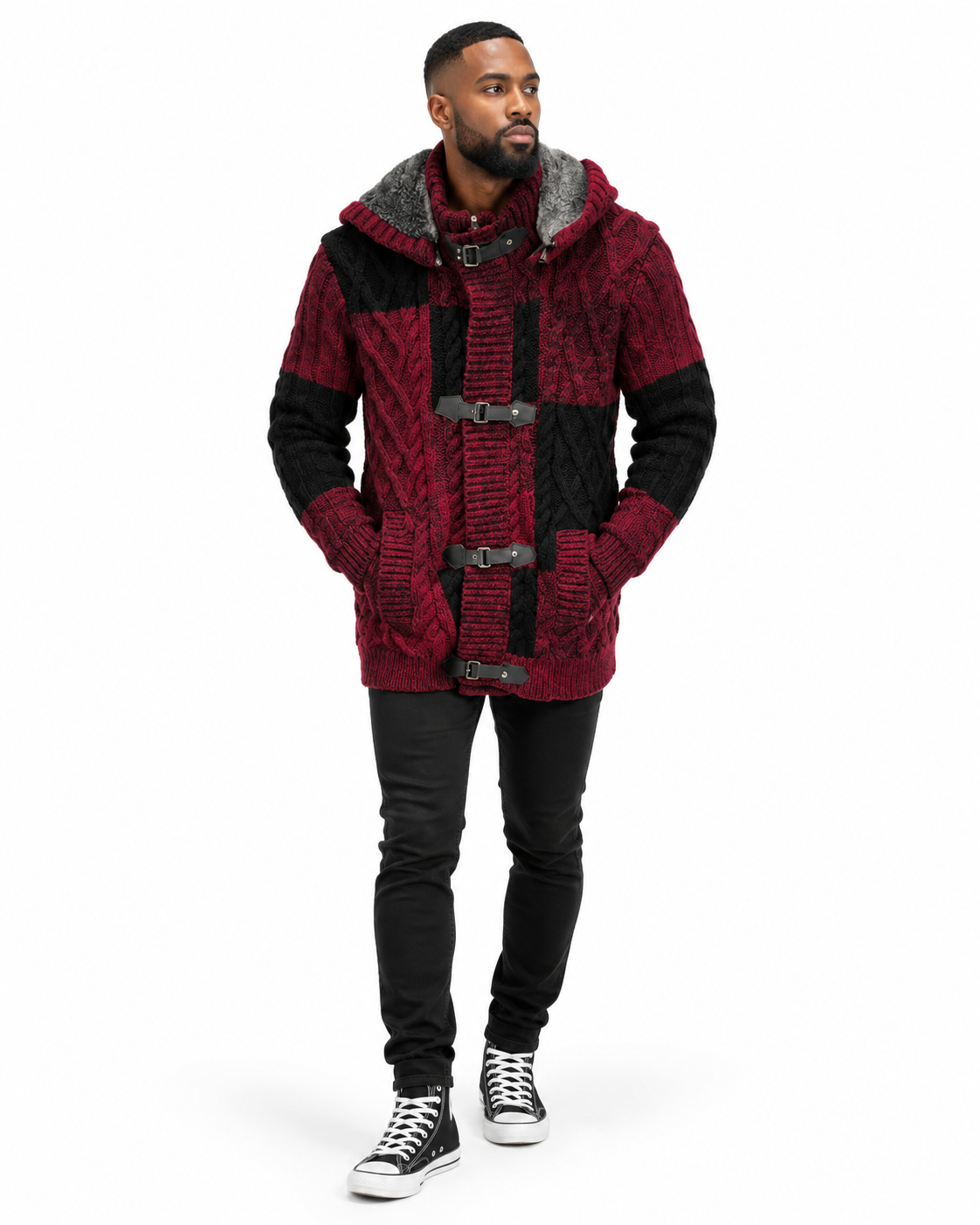 LCR Black Edition Hooded Cable Knit Cardigan Sweater in Burgundy / Black, styled on model