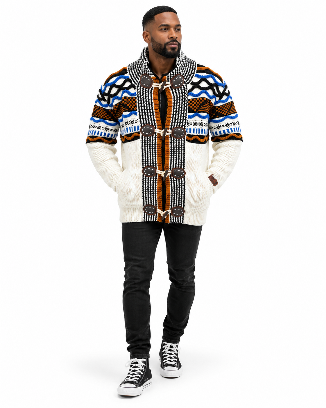 Man wearing the LCR Black Edition Nordic Toggle Cardigan Sweater in Ecru / Multi – men's LCR cardigan at Turning Point, Baltimore