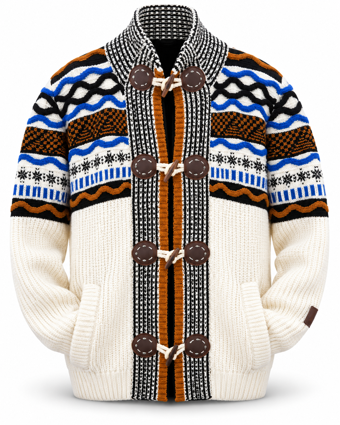 LCR Black Edition Nordic Toggle Cardigan Sweater in Ecru / Multi, front flat product photo