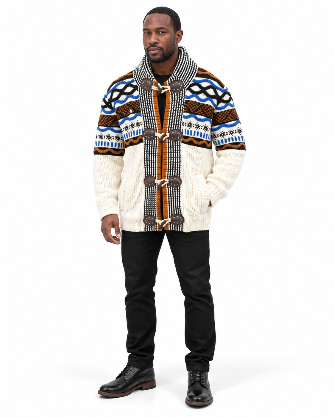 LCR Black Edition Nordic Toggle Cardigan Sweater in Ecru / Multi, styled on model