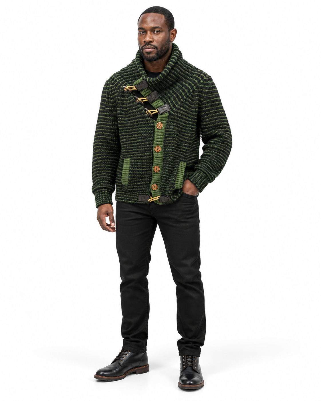 Man wearing the LCR Black Edition Striped Toggle Cardigan Sweater in Olive / Black – men's LCR cardigan at Turning Point, Baltimore