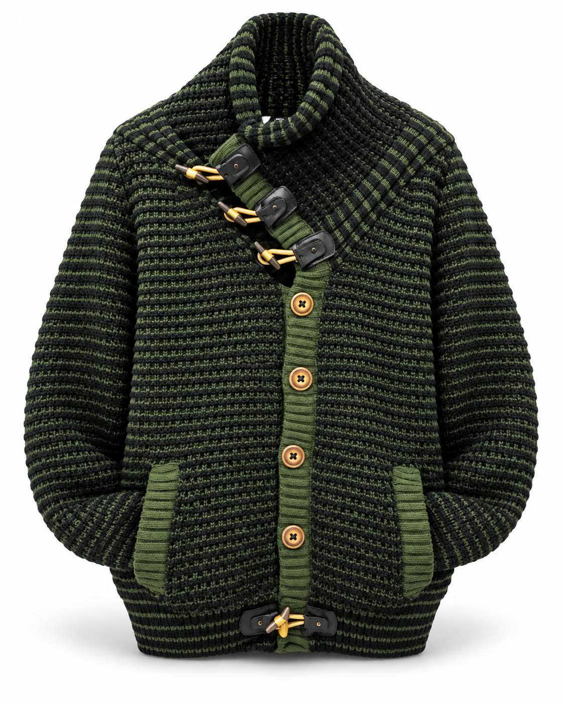 LCR Black Edition Striped Toggle Cardigan Sweater in Olive / Black, front flat product photo