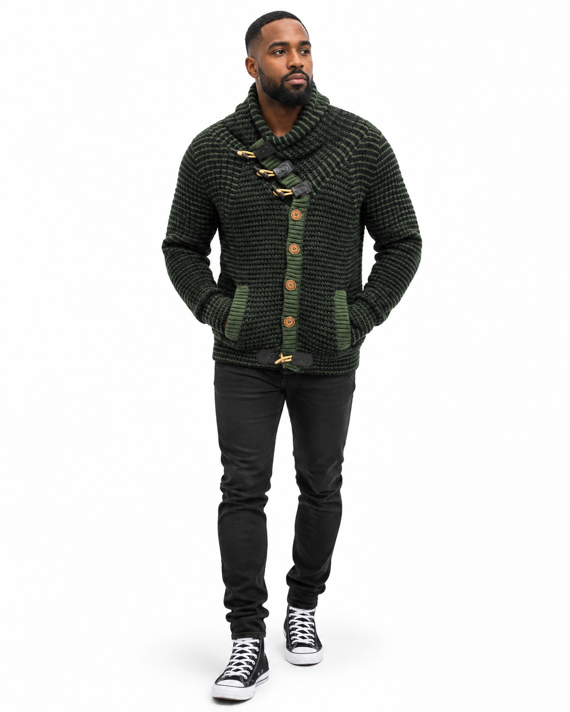 LCR Black Edition Striped Toggle Cardigan Sweater in Olive / Black, styled on model