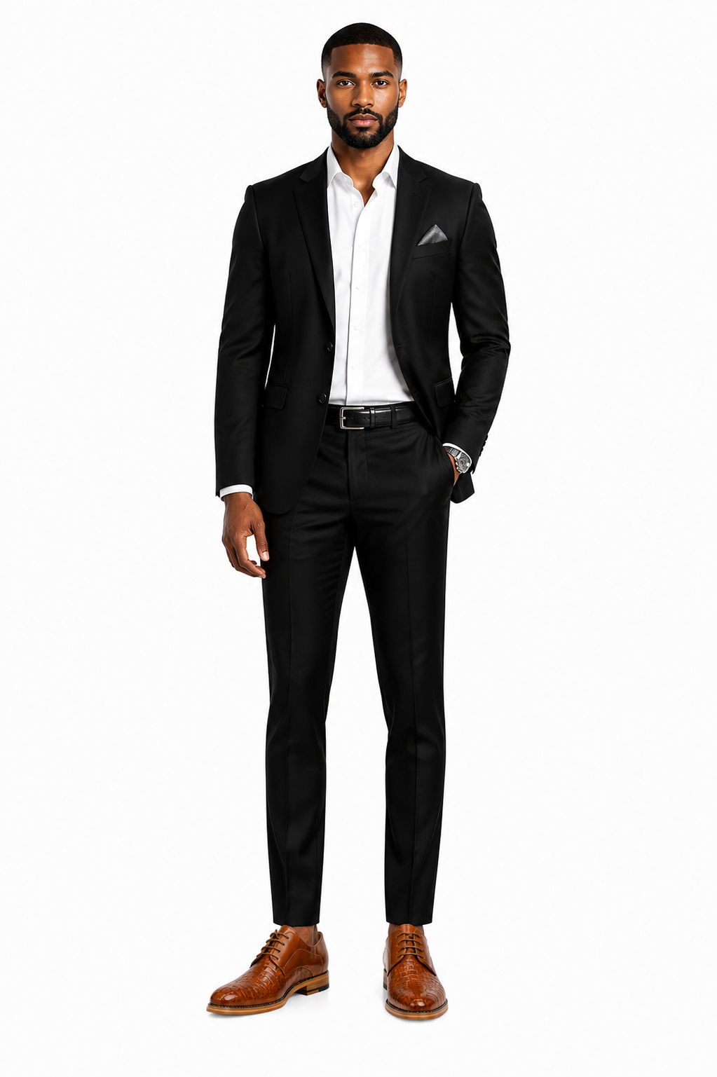 GIOVANNI  Mason/Tan Leather Shoes - Model wearing shoe - mens-tan-croco-leather-oxford-fashion-dress-shoes-giovanni-mason-03-model-centered.png