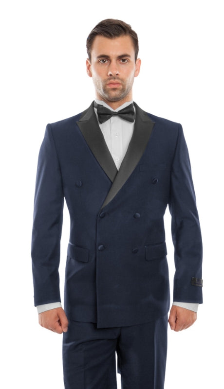 Blue on Black Satin Peak Lapel Double-Breasted Slim Fit 2-Piece Tuxedo – BM MT253S