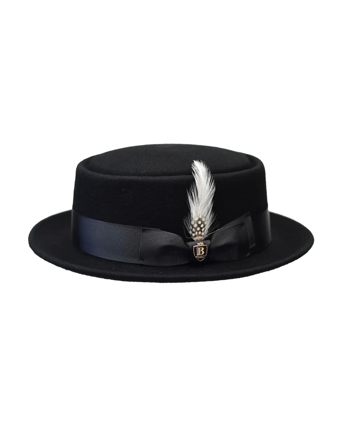 Men's black wool felt pork pie hat with feather and grosgrain band – product photo