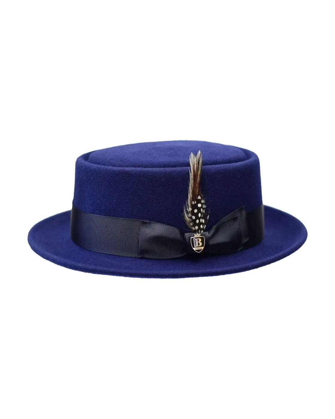 Men's navy blue wool felt pork pie hat with feather and grosgrain band – product photo
