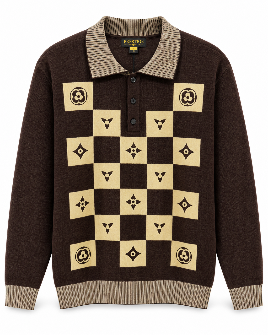 Prestige Original Men's Checkerboard Polo Sweater in Dark Brown – men's Prestige Original at Turning Point, Baltimore