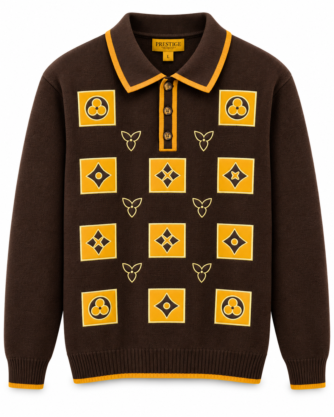 Prestige Original Men's Embroidered Polo Sweater in Brown / Gold – men's Prestige Original at Turning Point, Baltimore