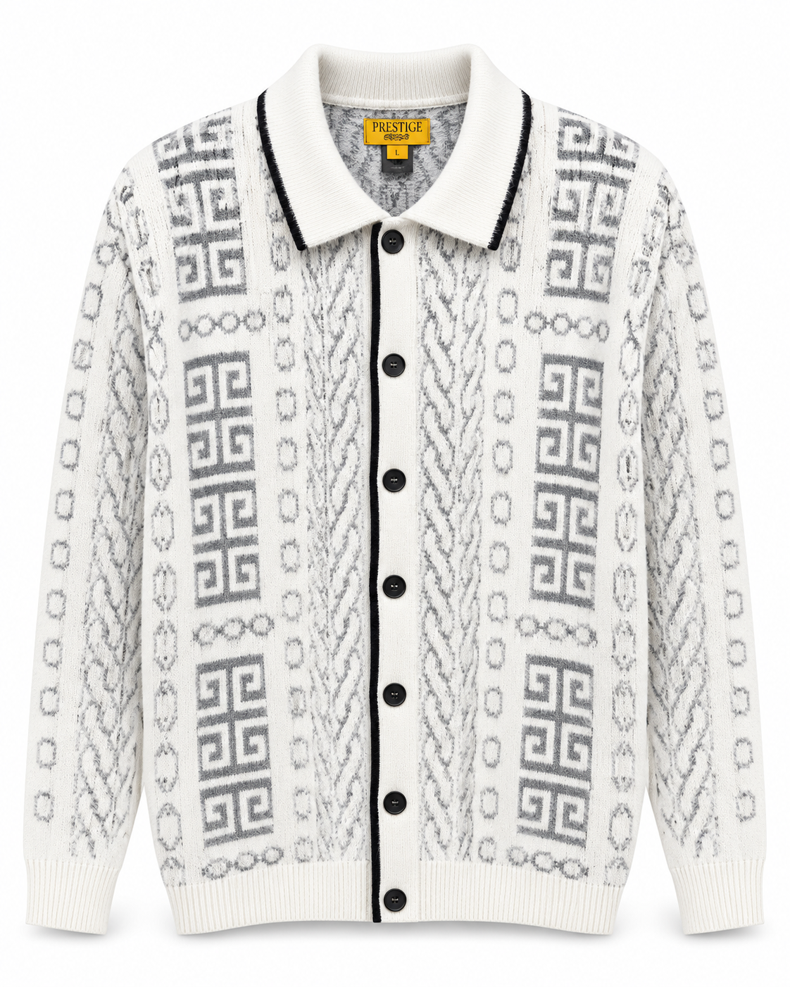 Prestige Original Men's Fuzzy Greek Key Cardigan in White / Grey – men's Prestige Original at Turning Point, Baltimore