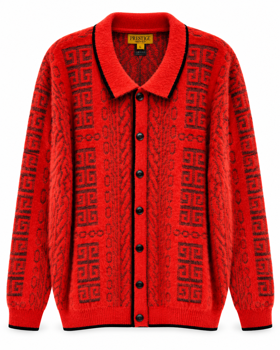 Prestige Original Men's Fuzzy Greek Key Cardigan in Red / Black – men's Prestige Original at Turning Point, Baltimore