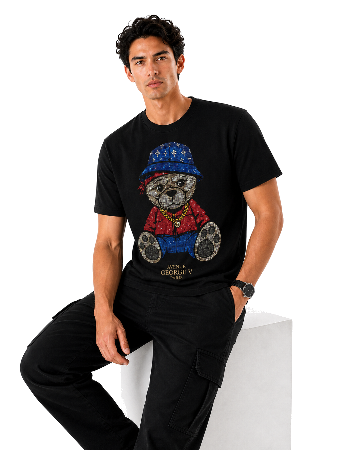 George V Colorful Bear Short Sleeve T-Shirt - Black - back - row03-colorful-bear-sitting-bg-white-ai-draft.png