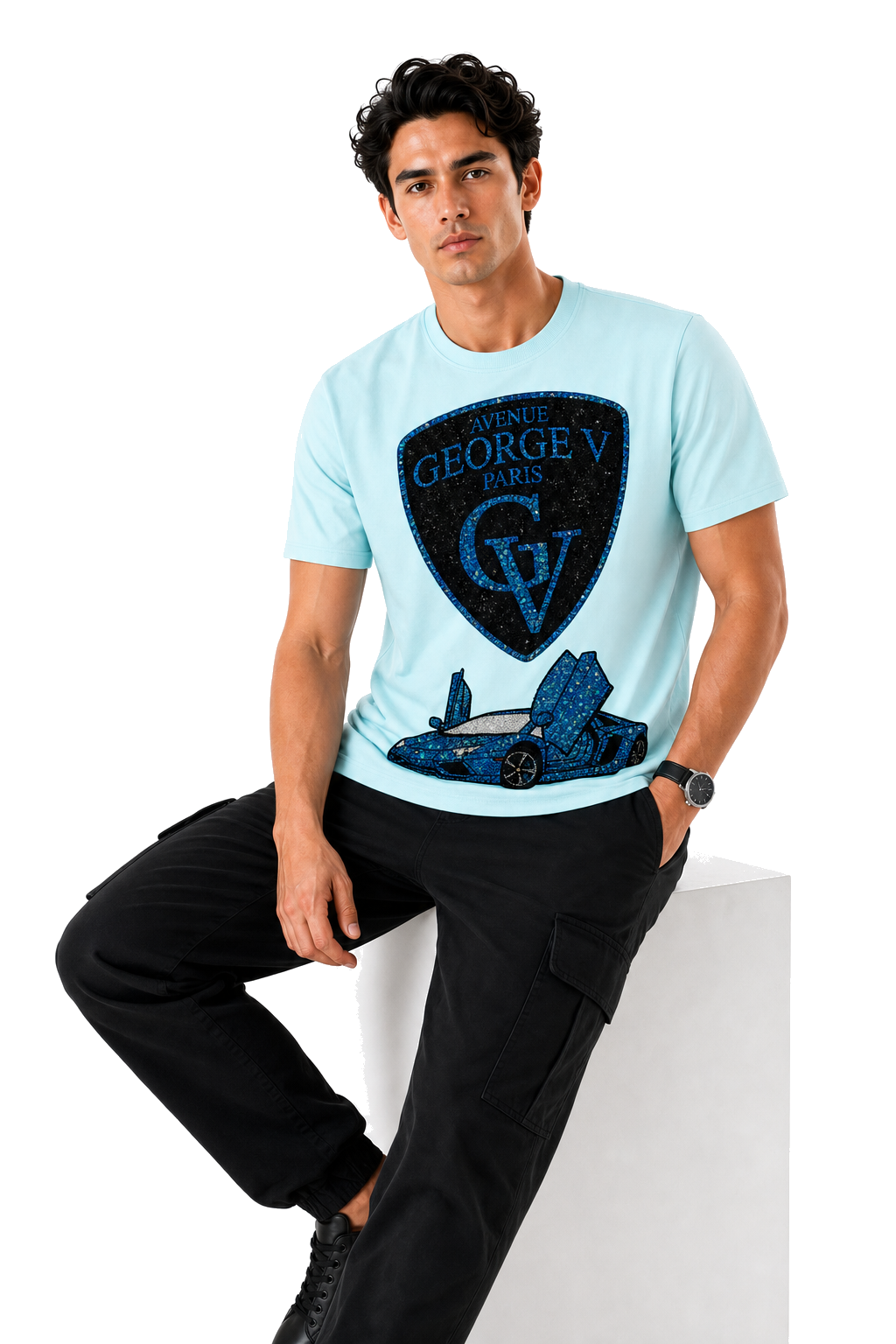 George V Crest Car Short Sleeve T-Shirt - Light Blue / Blue - back - row08-crest-car-light-blue-sitting-bg-white-ai-draft.png