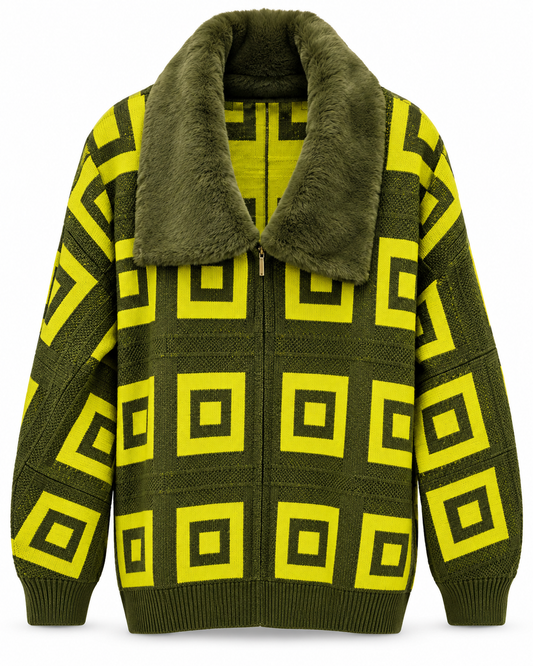 Silversilk Men's Geometric Fur Collar Sweater in Olive / Lime – men's Silversilk at Turning Point, Baltimore