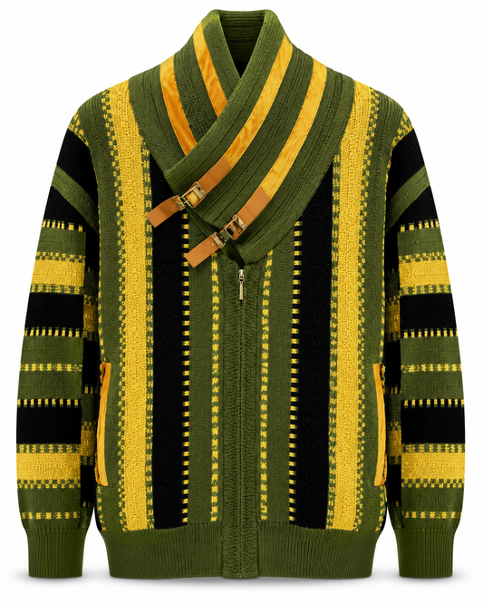Silversilk Men's Striped Buckle Shawl Sweater in Olive / Yellow / Black – men's Silversilk at Turning Point, Baltimore