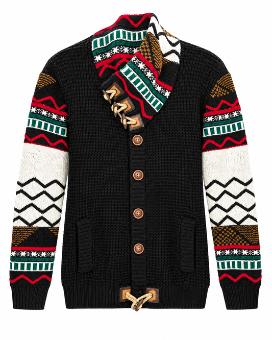 Suslo Couture Men's Fair Isle Shawl Cardigan in Black – men's Suslo Couture sweater at Turning Point, Baltimore